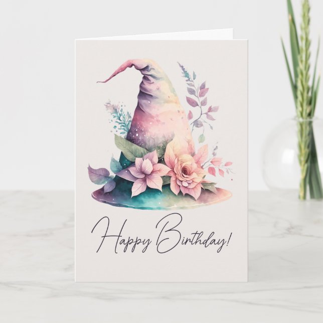 Create Your Own Pastel Rainbow Witch Hat Roses Holiday Card (Front)