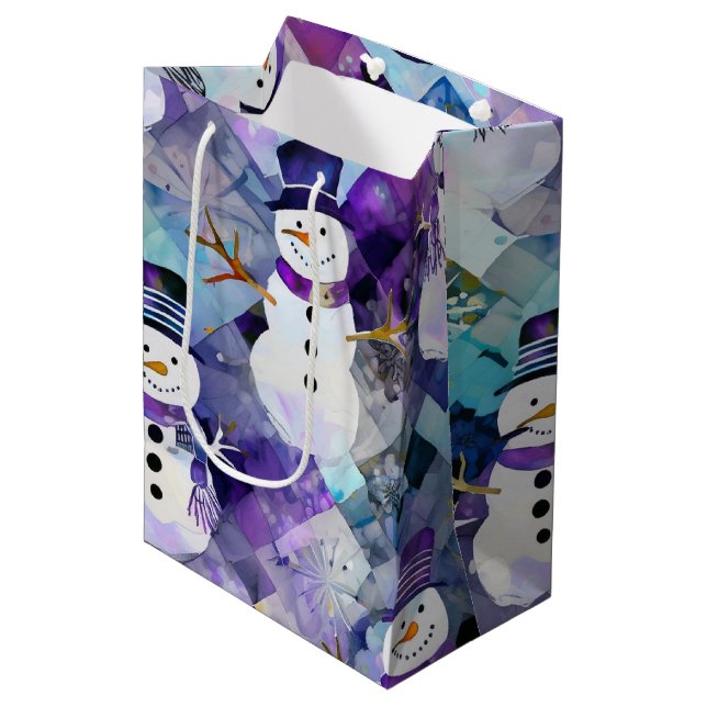 Create Your Own Patchwork Xmas Purple Snowmen Medium Gift Bag (Front Angled)