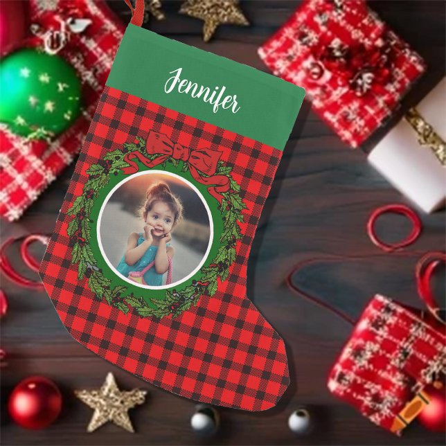Create your own personal Christmas photo Small Christmas Stocking (Rustic buffalo plaid winter wreath, mogrammed, photo Christmas Stocking.)