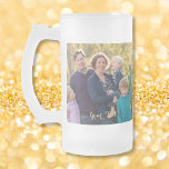 Create Your Own Personalised Photo Gold Text Frosted Glass Beer Mug<br><div class="desc">Create your own custom, personalised, beautiful elegant faux gold script typography font, Birthday / Christmas / New Years, two photos (one on each side), microwave and dishwasher safe, beautiful frosted glass photo beer mug to enjoy your favourite lager / ale / craft / beer. To personalise, simply add your favourite...</div>