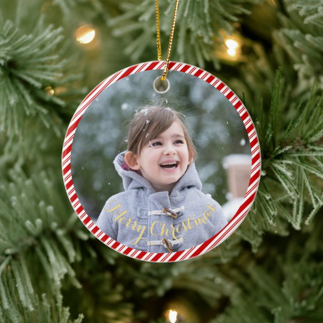 Create Your Own Photo Candy Cane Stripes Christmas Ceramic Ornament (Tree)