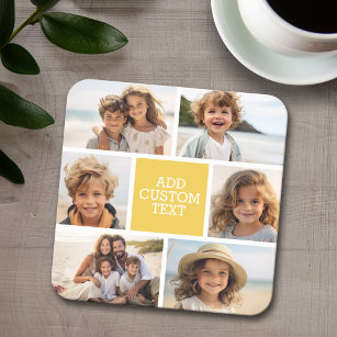 Create Your Own Photo Collage - 6 photos Monogram Square Paper Coaster