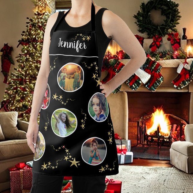 Create your own photo collage Christmas monogram Apron (Holiday, Christmas apron with family photo collage. You can add your own photos and name.)