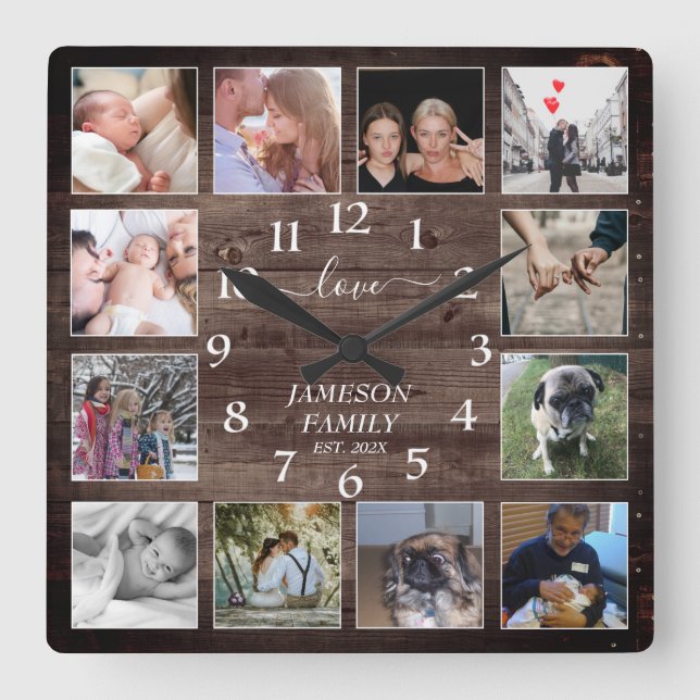 Create Your Own Photo Collage Farmhouse Wood Square Wall Clock (Front)