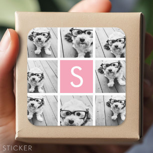 Create Your Own Photo Collage - Pink Monogram Square Sticker
