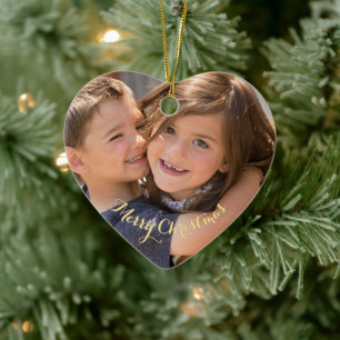 Create Your Own Photo Gold Text Christmas Heart Ceramic Ornament