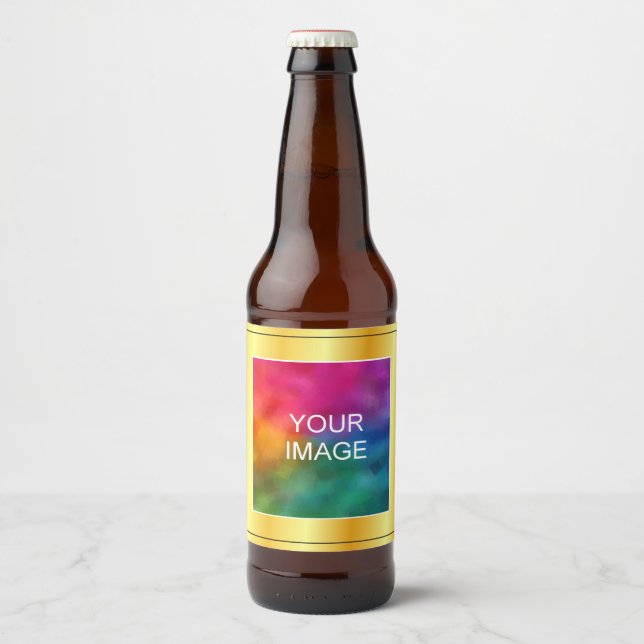 Create Your Own Photo Image Logo Faux Gold Beer Bottle Label (Front)