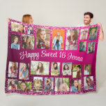 Create Your Own Pink 25 Photo Happy Sweet 16  Fleece Blanket<br><div class="desc">Create your own glittery hot pink "Happy Sweet 16" photo blanket personalised with 25 photos and the guest of honour's name. Contact me for assistance with your customisations or to request additional matching or coordinating Zazzle products</div>