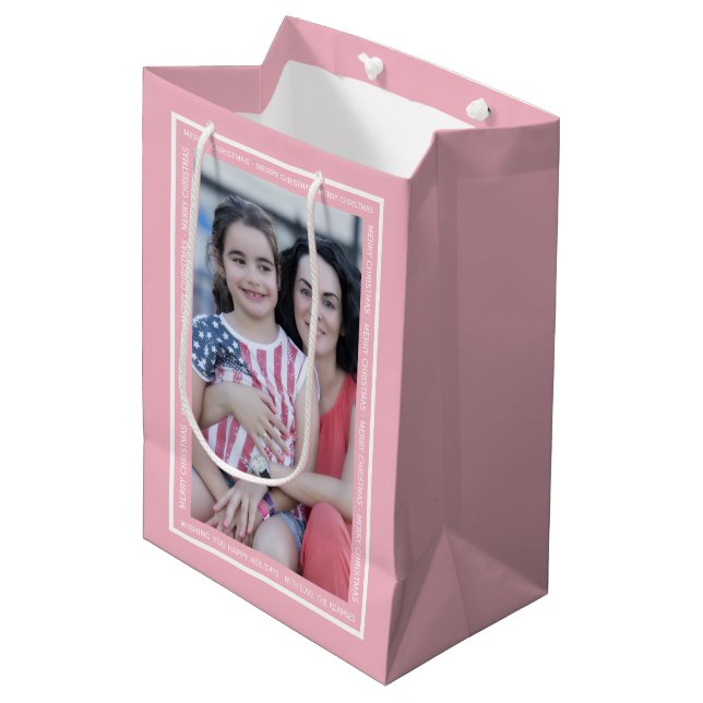 Create your own pink Christmas holiday photo Medium Gift Bag (Front Angled)