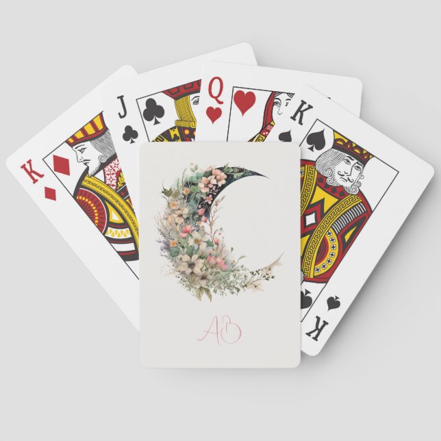 Create Your Own Pink Meadow Floral Crescent Moon Playing Cards (Back)