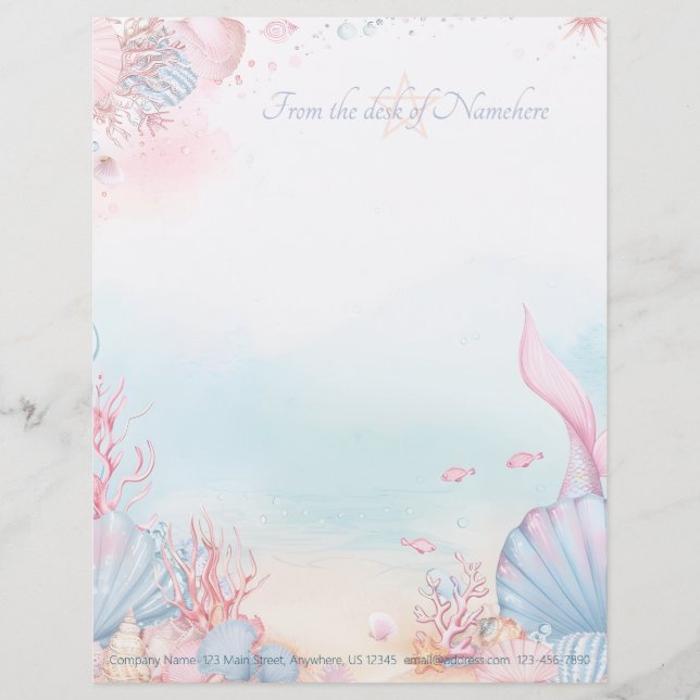 Create Your Own Pink Mermaid Tail Sea Shells Custom Letterhead (Front)