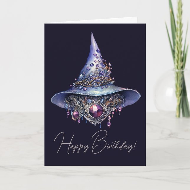 Create Your Own Purple Bejeweled Crystal Witch Hat Holiday Card (Front)