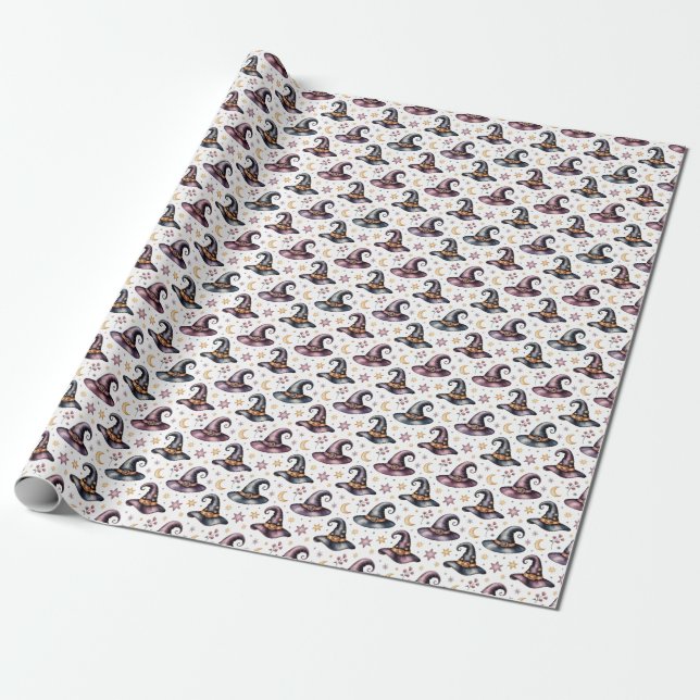 Create Your Own Purple Black Witch Hats Celestial Wrapping Paper (Unrolled)