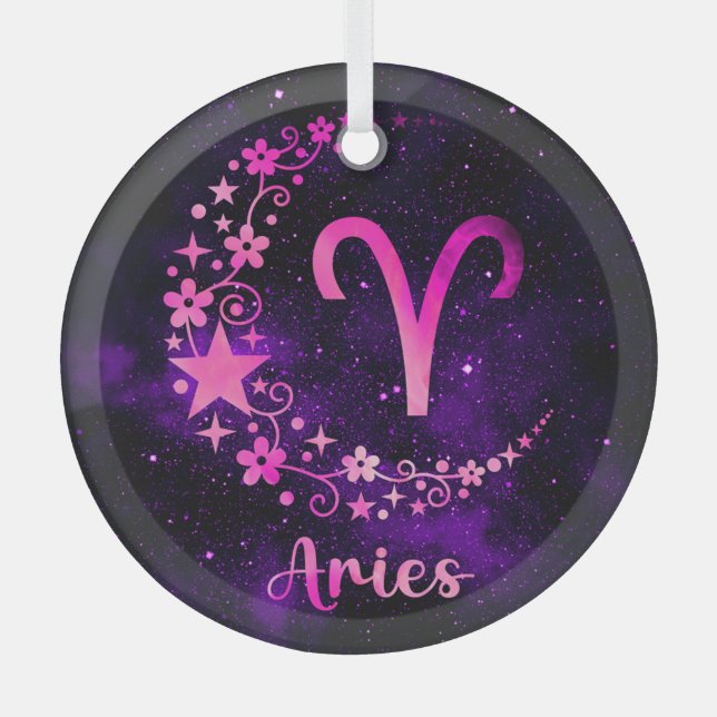 Create Your Own Purple Celestial Aries Zodiac Glass Tree Decoration (Front)