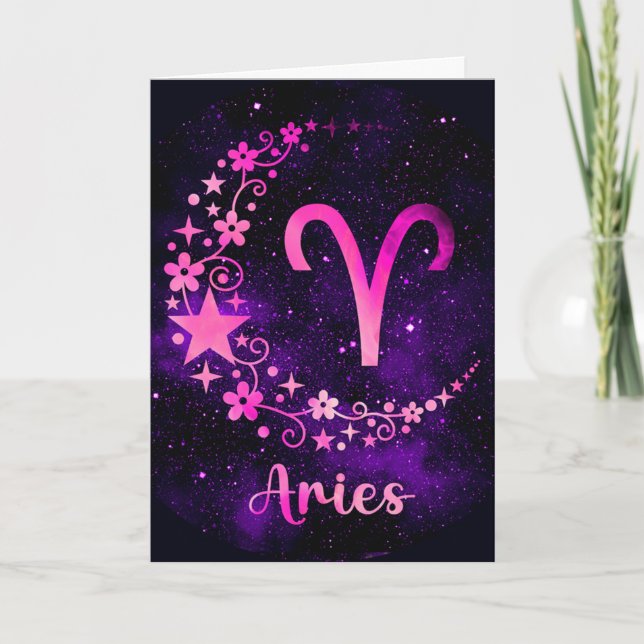 Create Your Own Purple Celestial Aries Zodiac Holiday Card (Front)