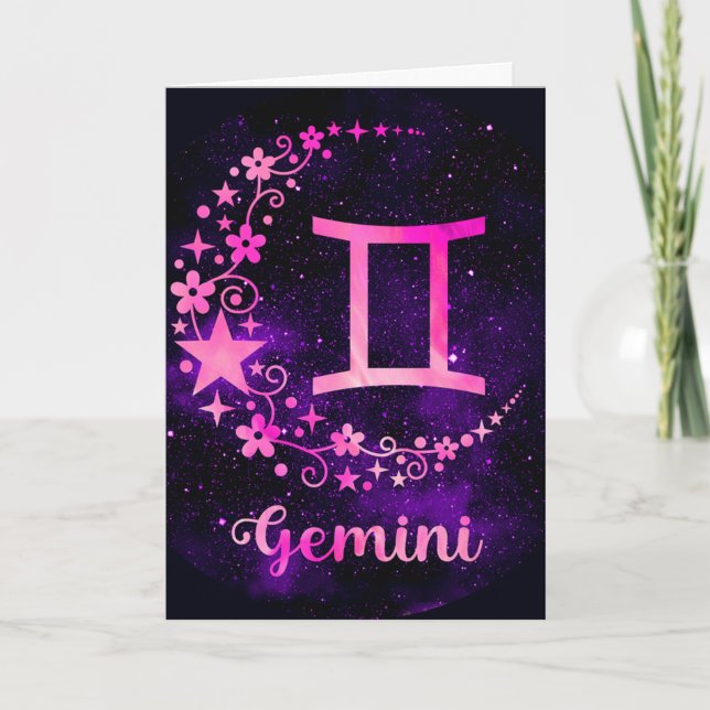 Create Your Own Purple Celestial Gemini Zodiac Holiday Card (Front)