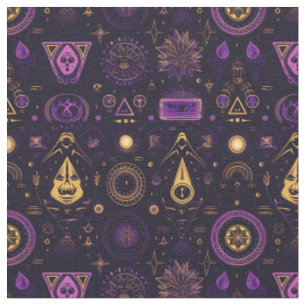 Create Your Own Purple & Gold Pagan Symbols Black Fabric