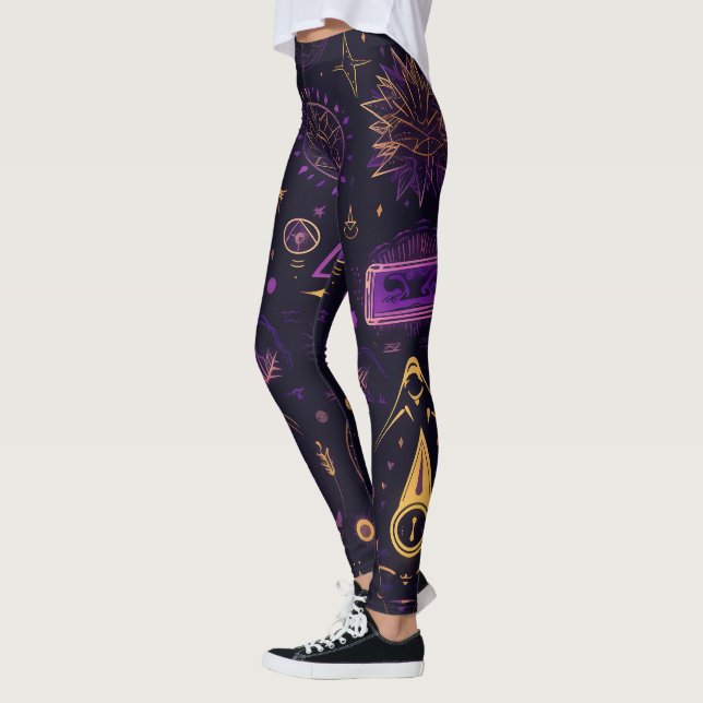 Create Your Own Purple & Gold Pagan Symbols Black Leggings (Left)
