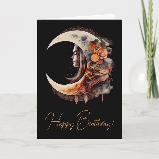 Create Your Own Quiet Boho Floral Moon Holiday Card (Front)