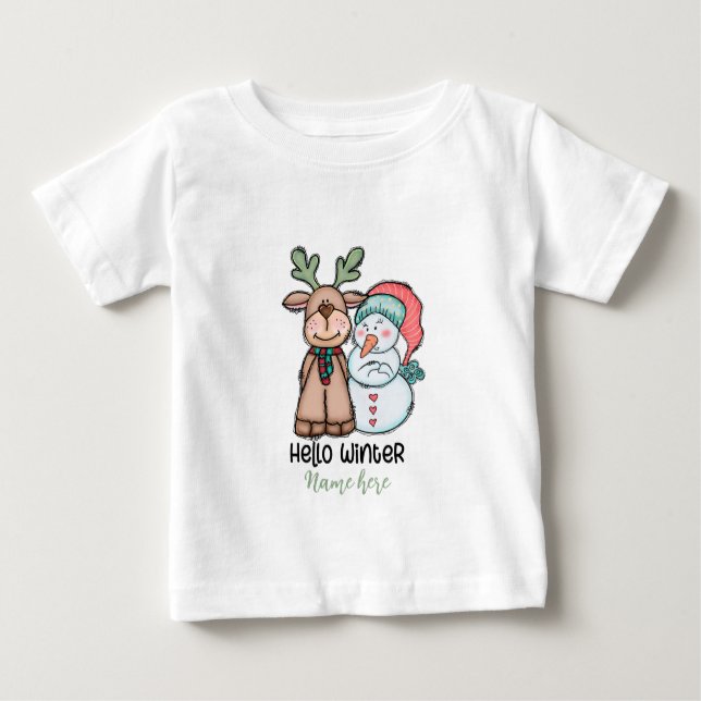 Create Your Own Reindeer & Snowman Hello Winter Baby T-Shirt (Front)