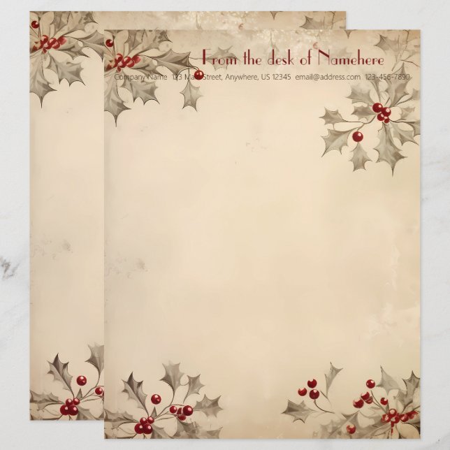 Create Your Own Retro Red Grey Holly Berries Custom Letterhead (Front/Back)