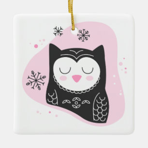 Create Your Own Retro Snow Owl Pink Christmas Ceramic Ornament