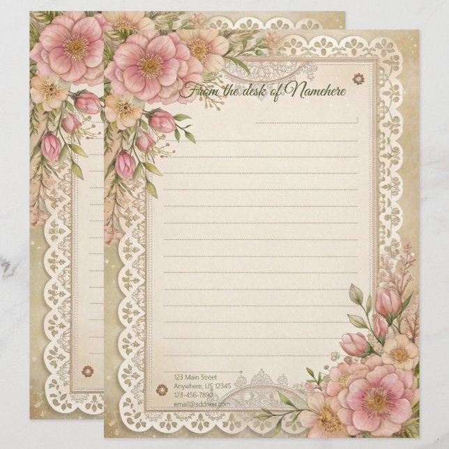 Create Your Own Romantic Lace Flowers Note Paper Custom Letterhead (Front/Back)