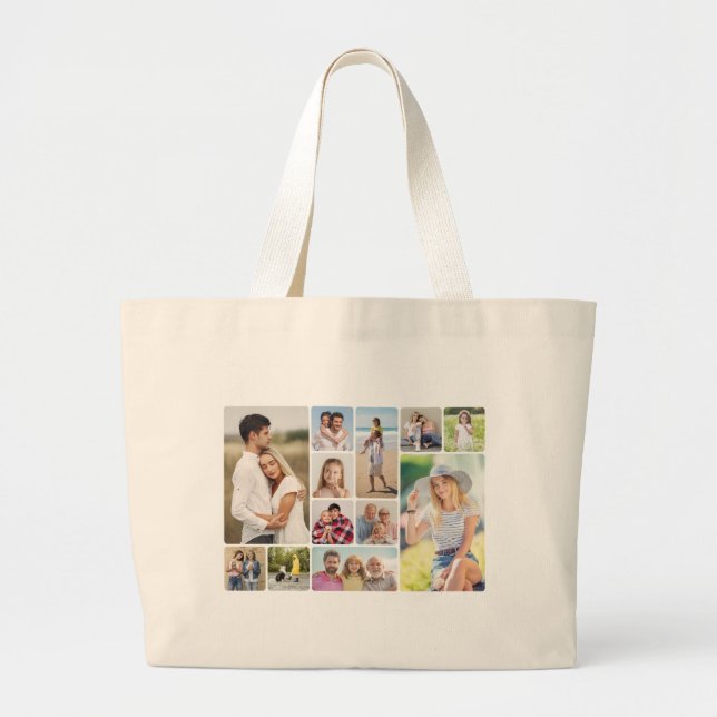 Create Your Own Round Corners 12 Photo Collage Large Tote Bag (Front)