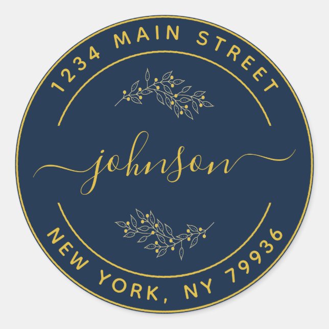 Create Your Own Round Return Address Black Gold Classic Round Sticker (Front)