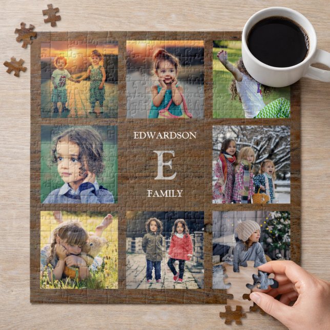 Create your own rustic wood family photo collage jigsaw puzzle (Create your own unique family photo collage, family name, jigsaw puzzle.)