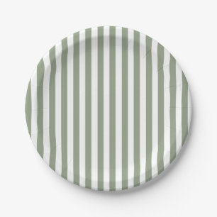 Create Your Own Sage Green White Striped Pattern Paper Plate