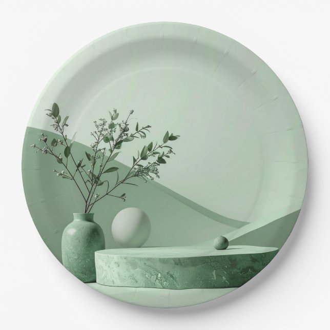 Create Your Own Sage Green White Striped Pattern Paper Plate (Front)