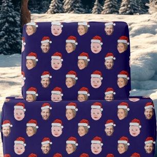 Create Your Own Santa Hat Face 3 Photo Blue Wrapping Paper