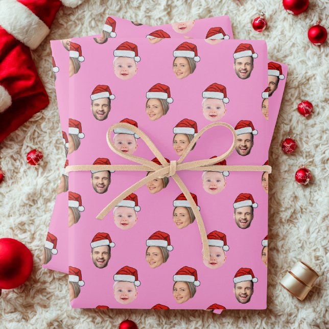 Create Your Own Santa Hat Face 3 Photo Pink Wrapping Paper Sheet (Creator Uploaded)