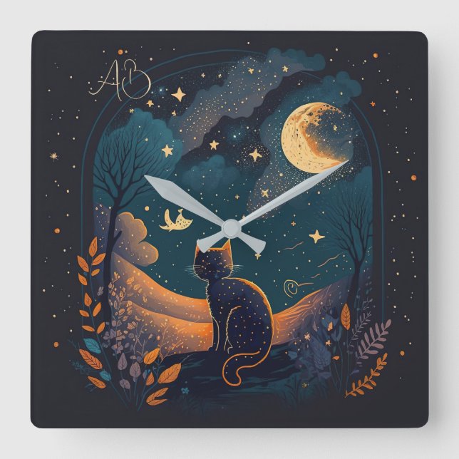 Create Your Own Scenic Mystical Black Cat Square Wall Clock (Front)