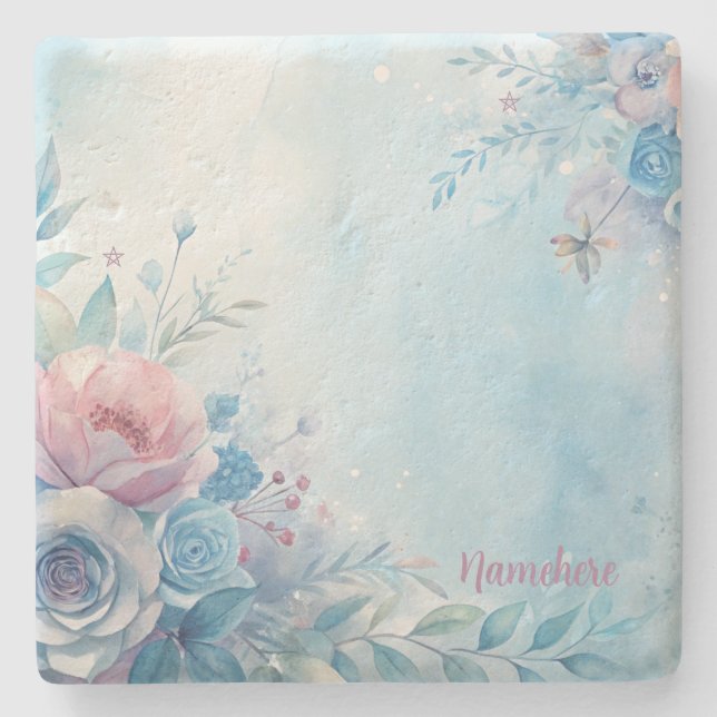 Create Your Own Shabby Chic Blue Pink Roses Stone Coaster (Front)