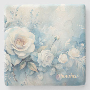 Create Your Own Shabby Chic Misty White Roses Stone Coaster