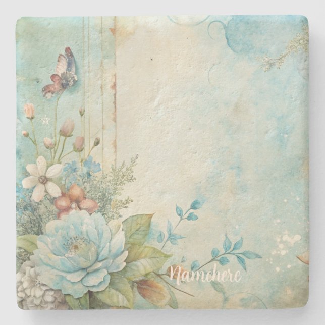 Create Your Own Shabby Chic Romantic Blue Peony Stone Coaster (Front)