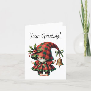 Create Your Own Shy Christmas Plaid Gnome & Bell Holiday Card
