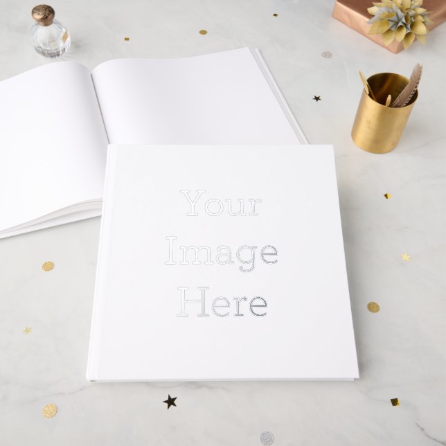 Foil Guestbook Size: 30.48 cm x 30.48 cm, 100 Pages, Paper: White Uncoated Lynx(R) Opaque Ultra Paper, Foil Colour: Silver (Front Open)