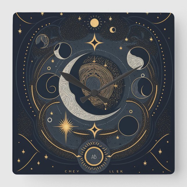 Create Your Own Silver & Gold Celestial Lunar Square Wall Clock (Front)