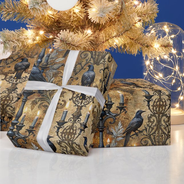 Create Your Own Silver Gold Gothic Ravens Damask Wrapping Paper (Holidays)
