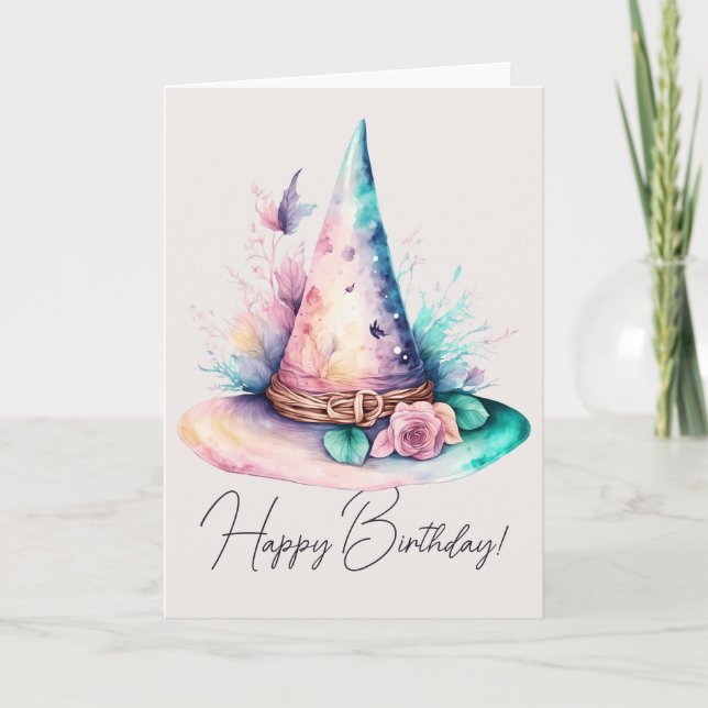 Create Your Own Spring Rainbow Floral Witch Hat Holiday Card (Front)