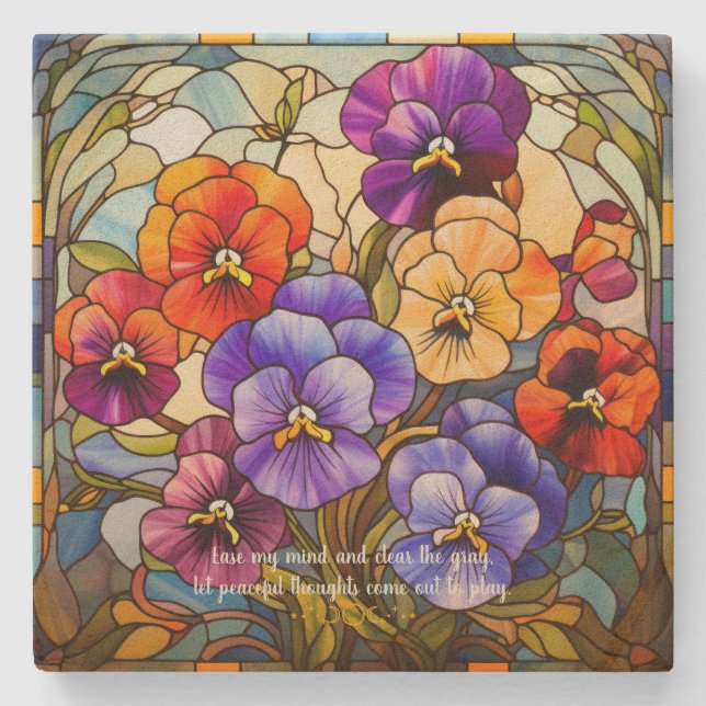 Create Your Own Stained Glass Colourful Pansies Stone Coaster (Front)