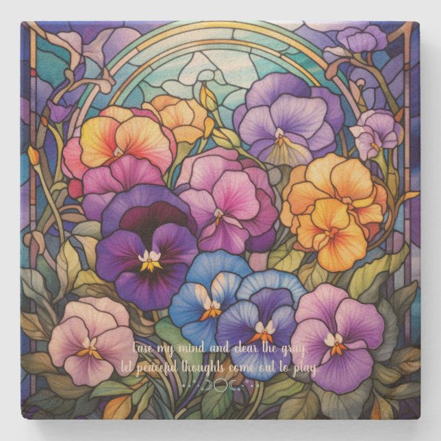 Create Your Own Stained Glass Pansy Flower Patch Stone Coaster (Front)