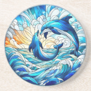 Create Your Own Stained Glass Sunset Dolphins Coaster