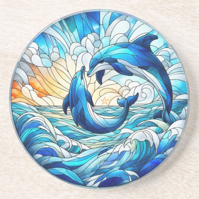 Create Your Own Stained Glass Sunset Dolphins Coaster (Front)