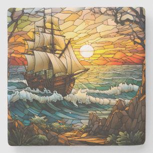 Create Your Own Stained Glass Sunset Tall Ship Stone Coaster