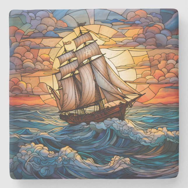 Create Your Own Stained Glass Tall Ship Waves Stone Coaster (Front)