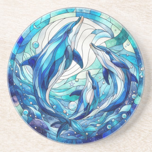 Create Your Own Stained Glass Three Dolphins Coaster (Front)